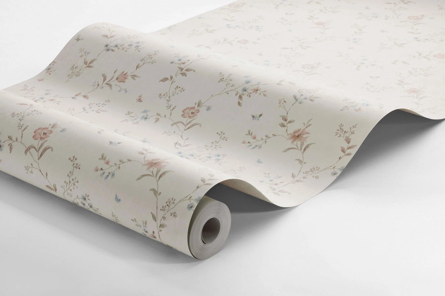 Dress your walls with a touch of shabby chic and romantic expression with Viktoria wallpaper in dreamy cream, soft brown and pretty blue and pink hues.