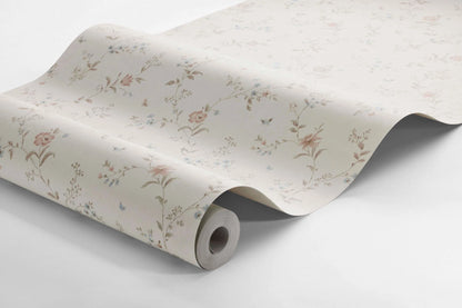 Dress your walls with a touch of shabby chic and romantic expression with Viktoria wallpaper in dreamy cream, soft brown and pretty blue and pink hues.