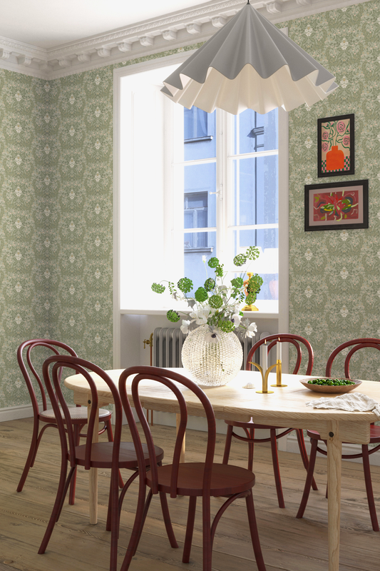 In the wallpaper pattern&nbsp;Saga, the forest's plants are brought to life. 