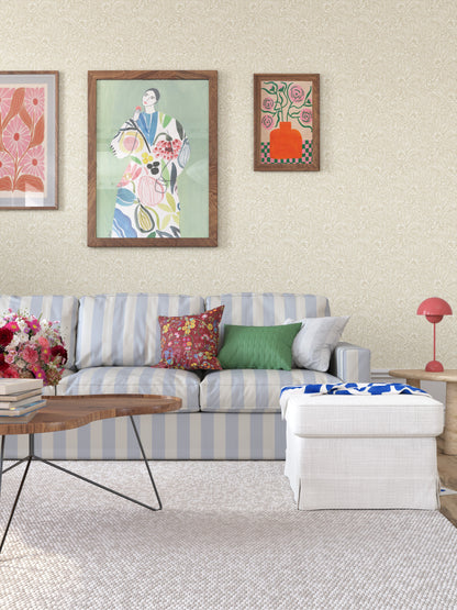 Emma is a timeless wallpaper pattern where flowers and leaves gently wind across the surface, creating a soft, blossoming feel on the wall. 