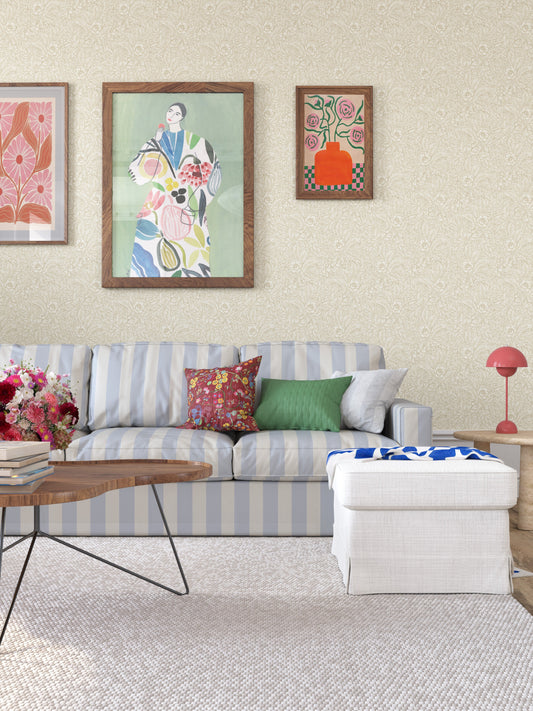 Emma is a timeless wallpaper pattern where flowers and leaves gently wind across the surface, creating a soft, blossoming feel on the wall. 