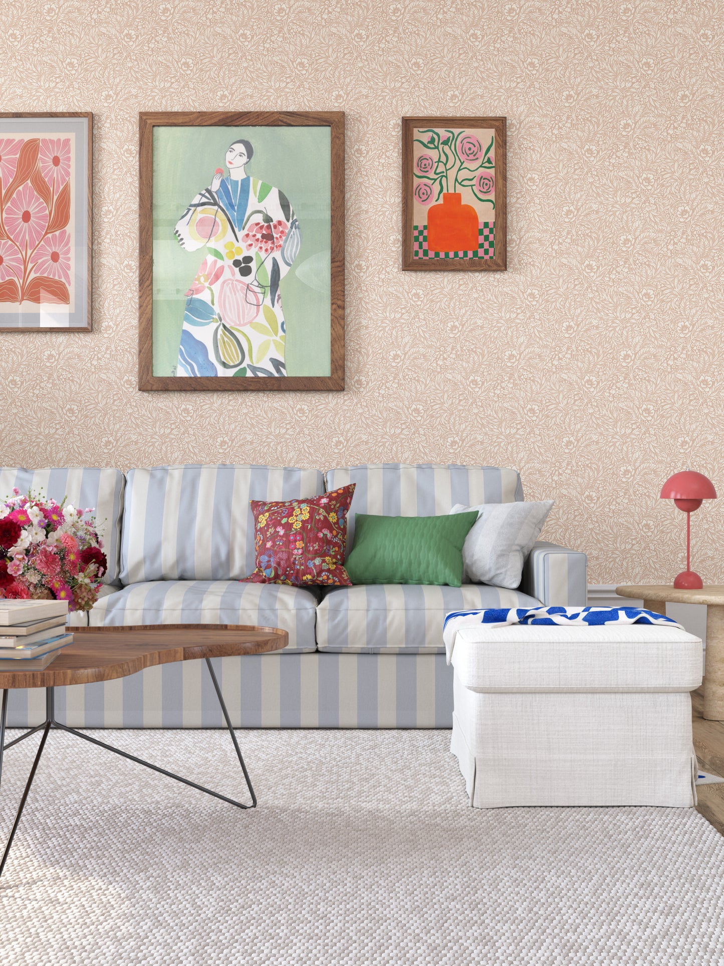 Emma is a timeless wallpaper pattern where flowers and leaves gently wind across the surface, creating a soft, blossoming feel on the wall.