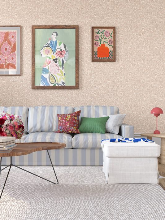 Emma is a timeless wallpaper pattern where flowers and leaves gently wind across the surface, creating a soft, blossoming feel on the wall.