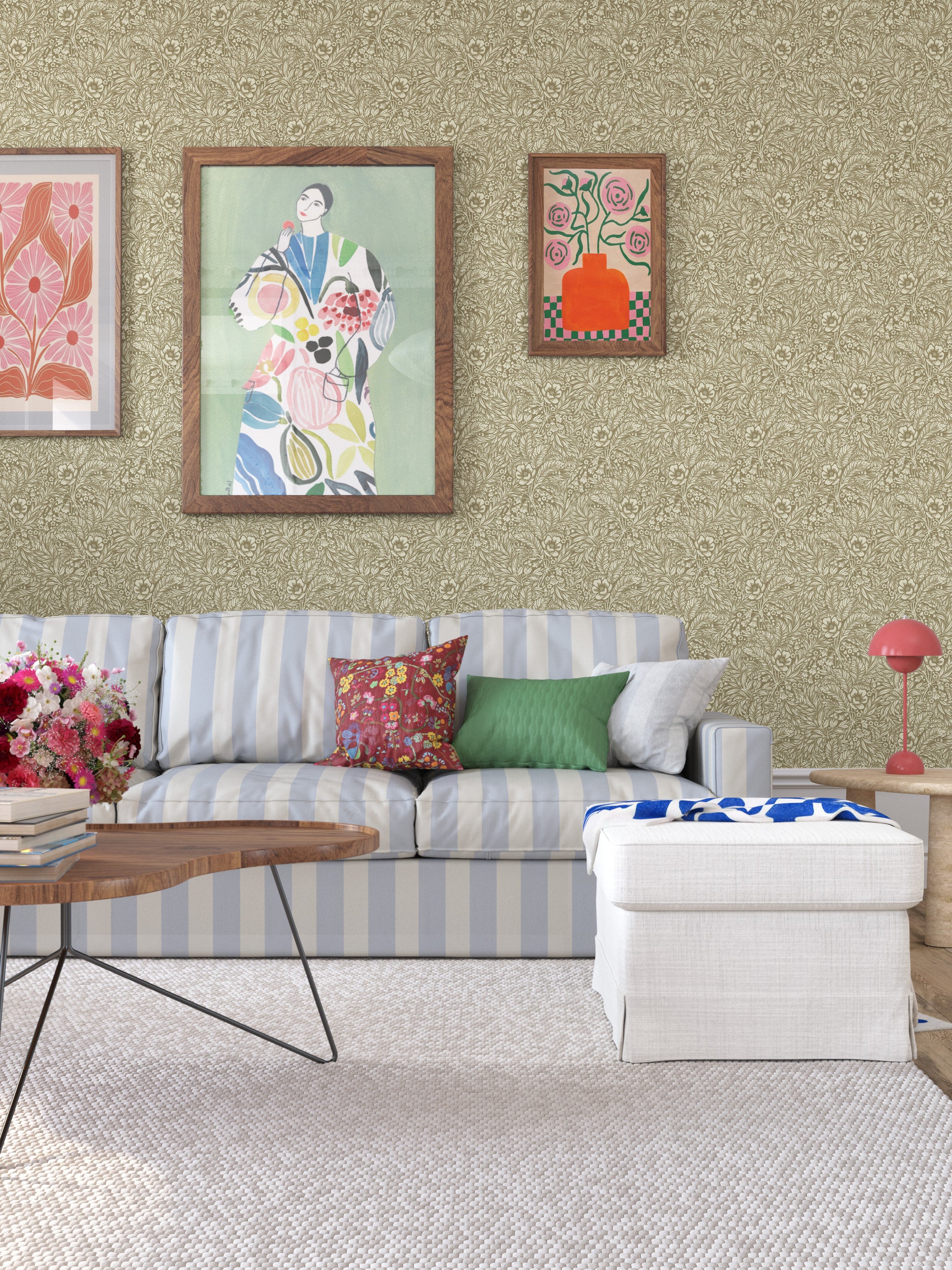 Emma is a timeless wallpaper pattern where flowers and leaves gently wind across the surface, creating a soft, blossoming feel on the wall. 