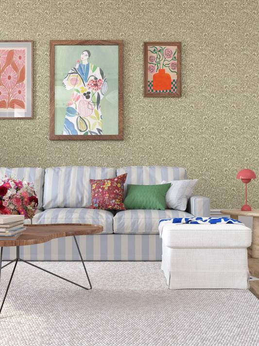 Emma is a timeless wallpaper pattern where flowers and leaves gently wind across the surface, creating a soft, blossoming feel on the wall. 