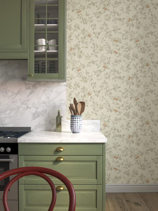 In the Nora wallpaper pattern, the rosehip bush serves as the inspiration — where the roses have faded and only the hips remain.