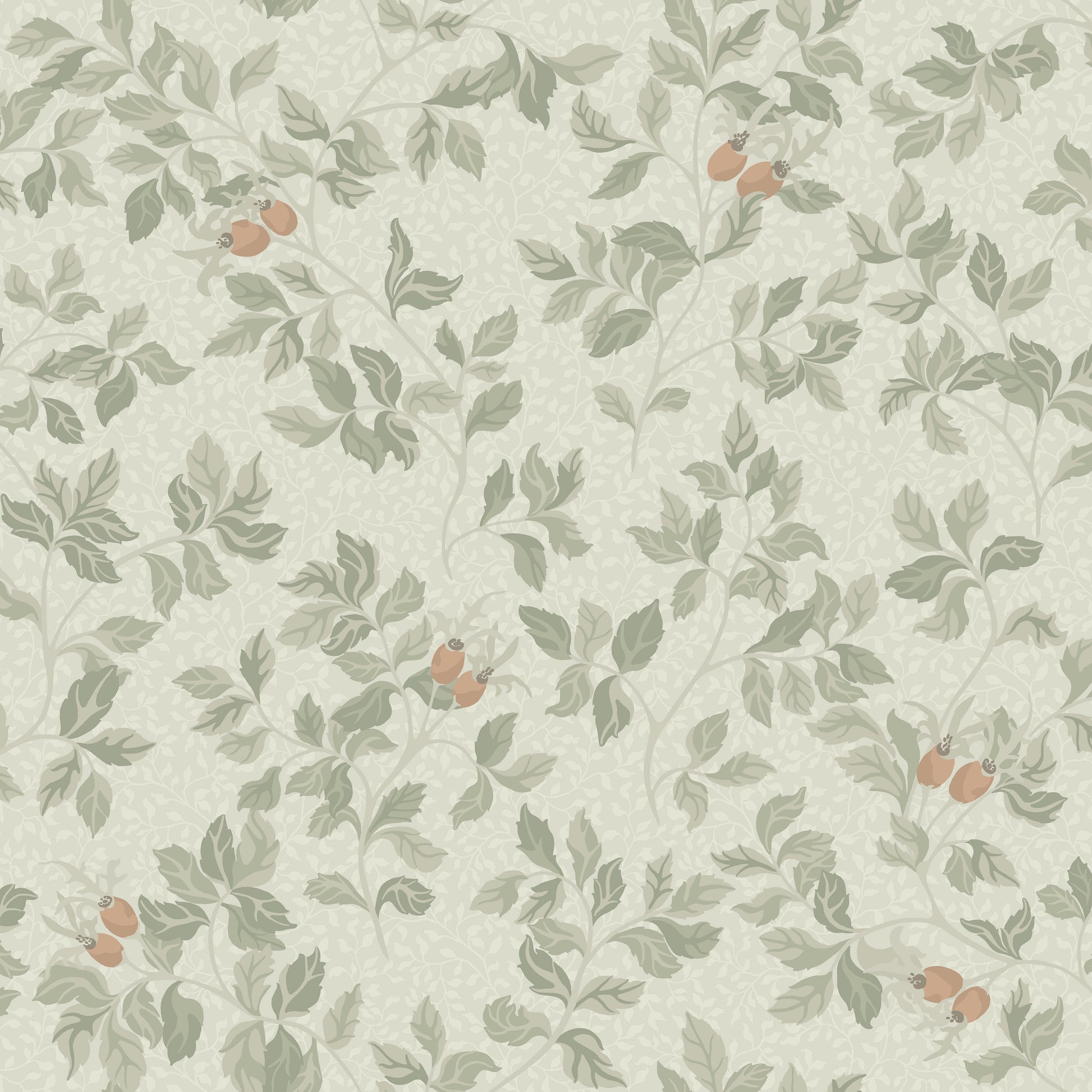 In the Nora wallpaper pattern, the rosehip bush serves as the inspiration — where the roses have faded and only the hips remain. 