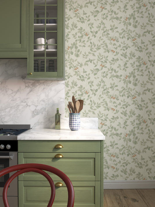 In the Nora wallpaper pattern, the rosehip bush serves as the inspiration — where the roses have faded and only the hips remain. 