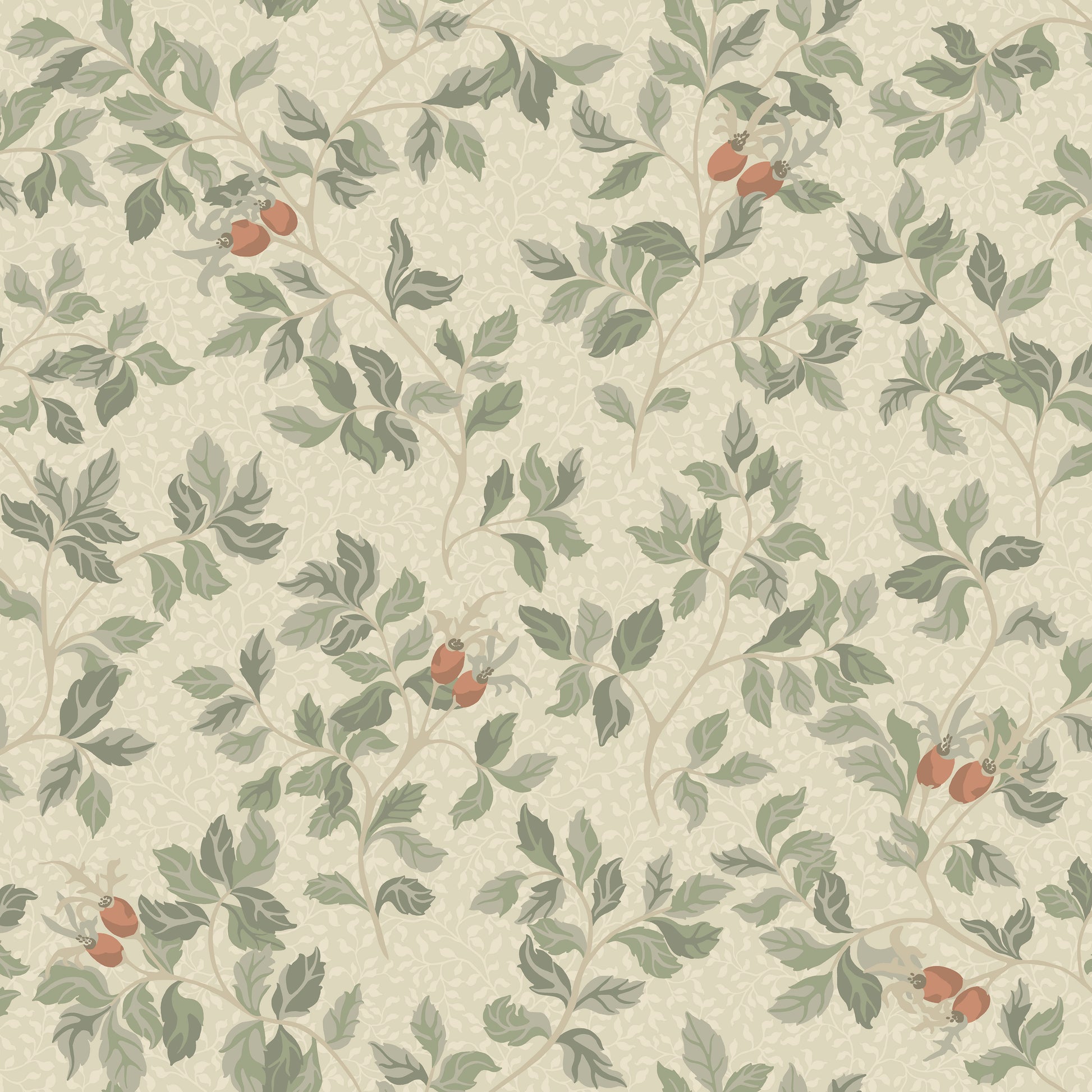 In the Nora wallpaper pattern, the rosehip bush serves as the inspiration — where the roses have faded and only the hips remain. 