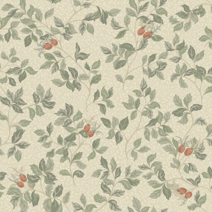 In the Nora wallpaper pattern, the rosehip bush serves as the inspiration — where the roses have faded and only the hips remain. 