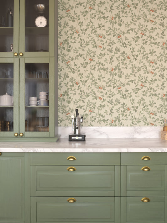 In the Nora wallpaper pattern, the rosehip bush serves as the inspiration — where the roses have faded and only the hips remain. 