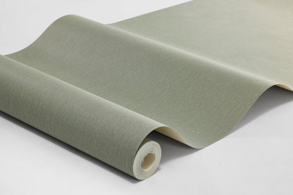  a muted, warm grey-green wallpaper inspired by the soft tones of sage leaves. The tactile linen texture gives the surface a lively expression and enhances the depth of the color. 