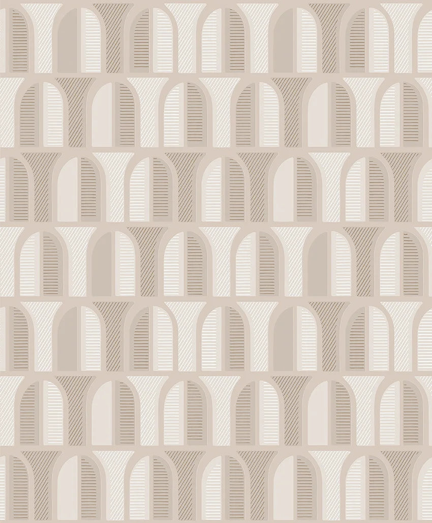 Colored in soft pastel beige tones, our Venice wallpaper draws inspiration from 1970s Italy and the elegant windows of old Venetian buildings.