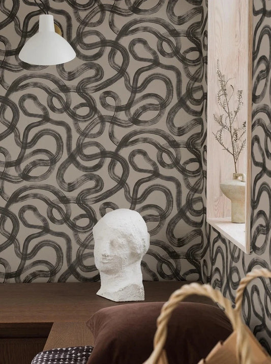 Colored in black detailing on a putty grey backdrop, our Curve wallpaper induces a sense of calm and interest. 