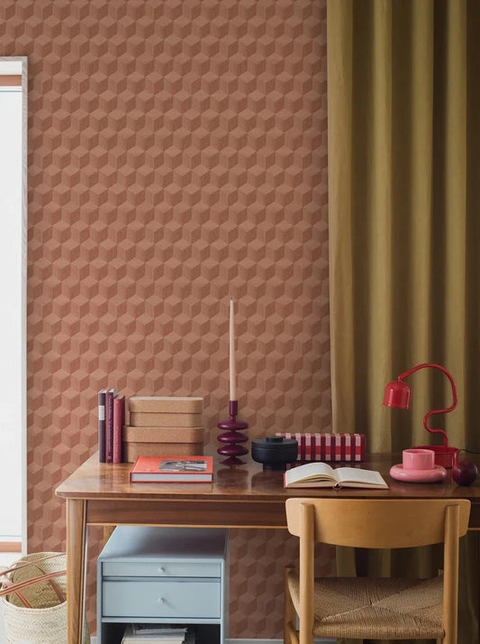 Colored in terracotta red tones, our Cube wallpaper injects warmth and vibrant charm into your space.