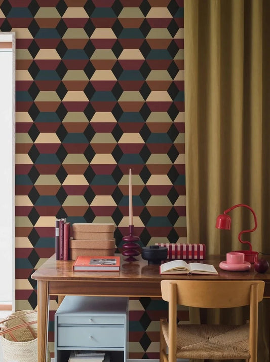 Add a dynamic and timeless style to your home with our Prisma wallpaper. Featuring a bold geometric pattern of two-part hexagons in multicolored warm and cool tones, this wallpaper brings a modern and creative touch to your space.