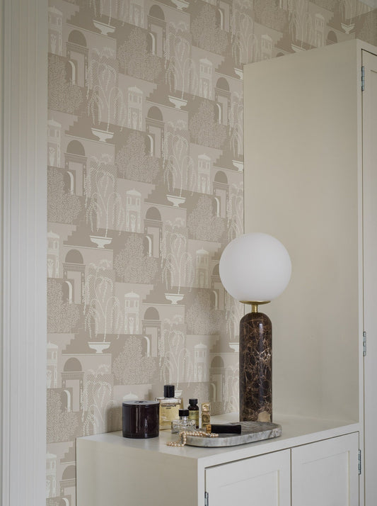 Experience the timeless charm of our Mimi wallpaper in neutral tones of muted beige and gray.