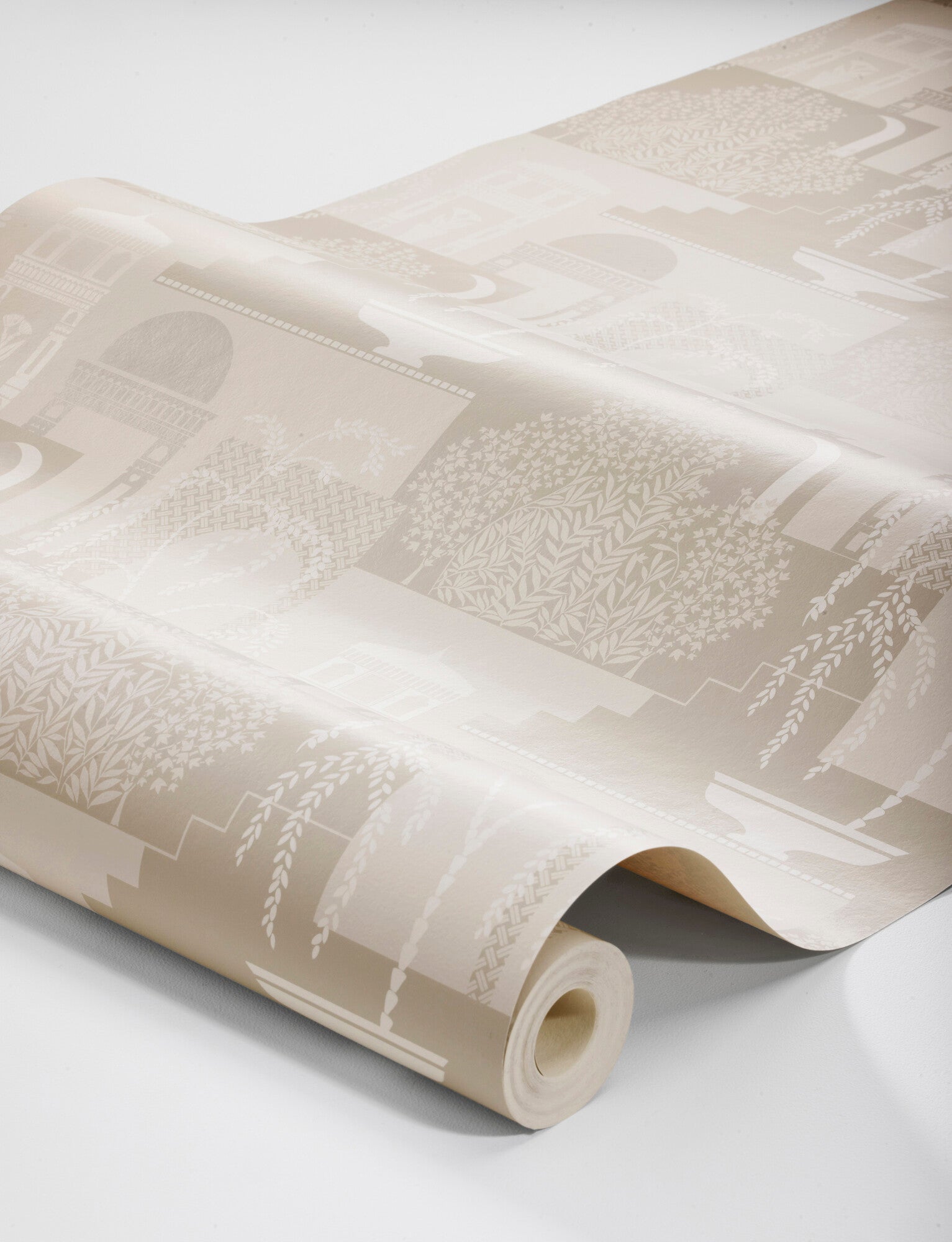 Experience the timeless charm of our Mimi wallpaper in neutral tones of muted beige and gray.