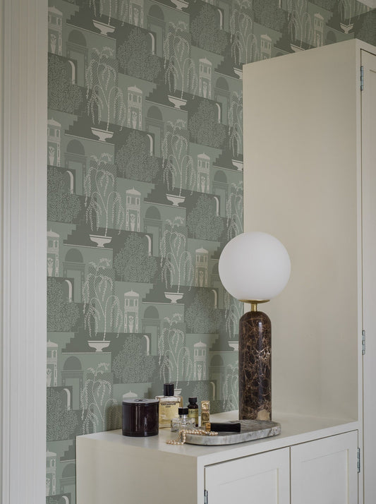 Colored in a muted cool green with a perfectly contrasting light gray, our Mimi wallpaper is indulgent and calming in character.