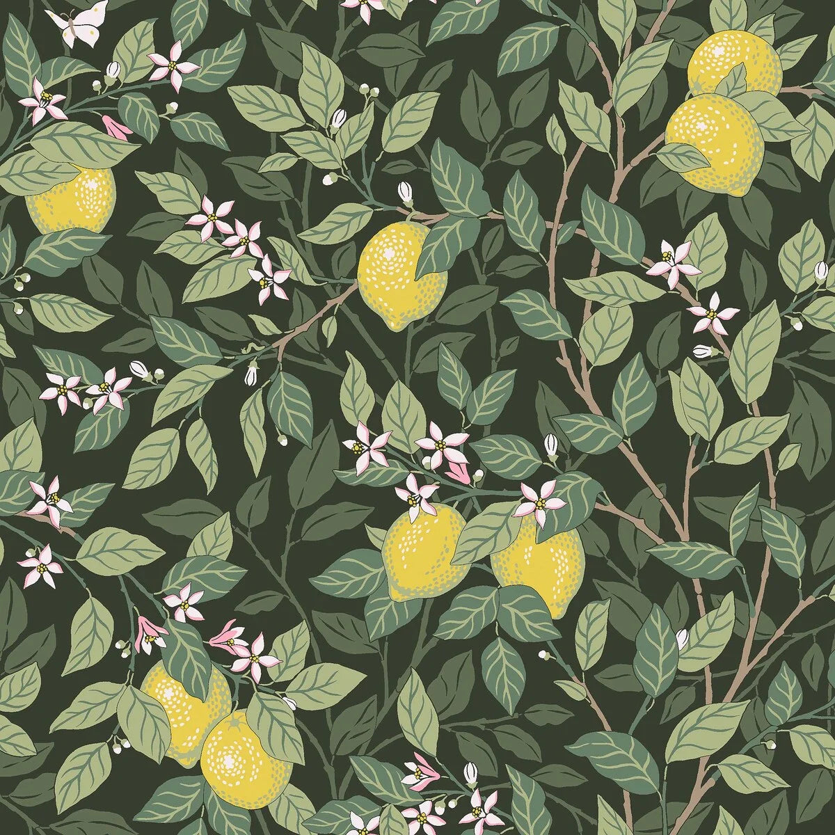 Colored in contrasting tones of green with white, pink, yellow and brown detailing, our Citronträd wallpaper is vibrant and lush. 