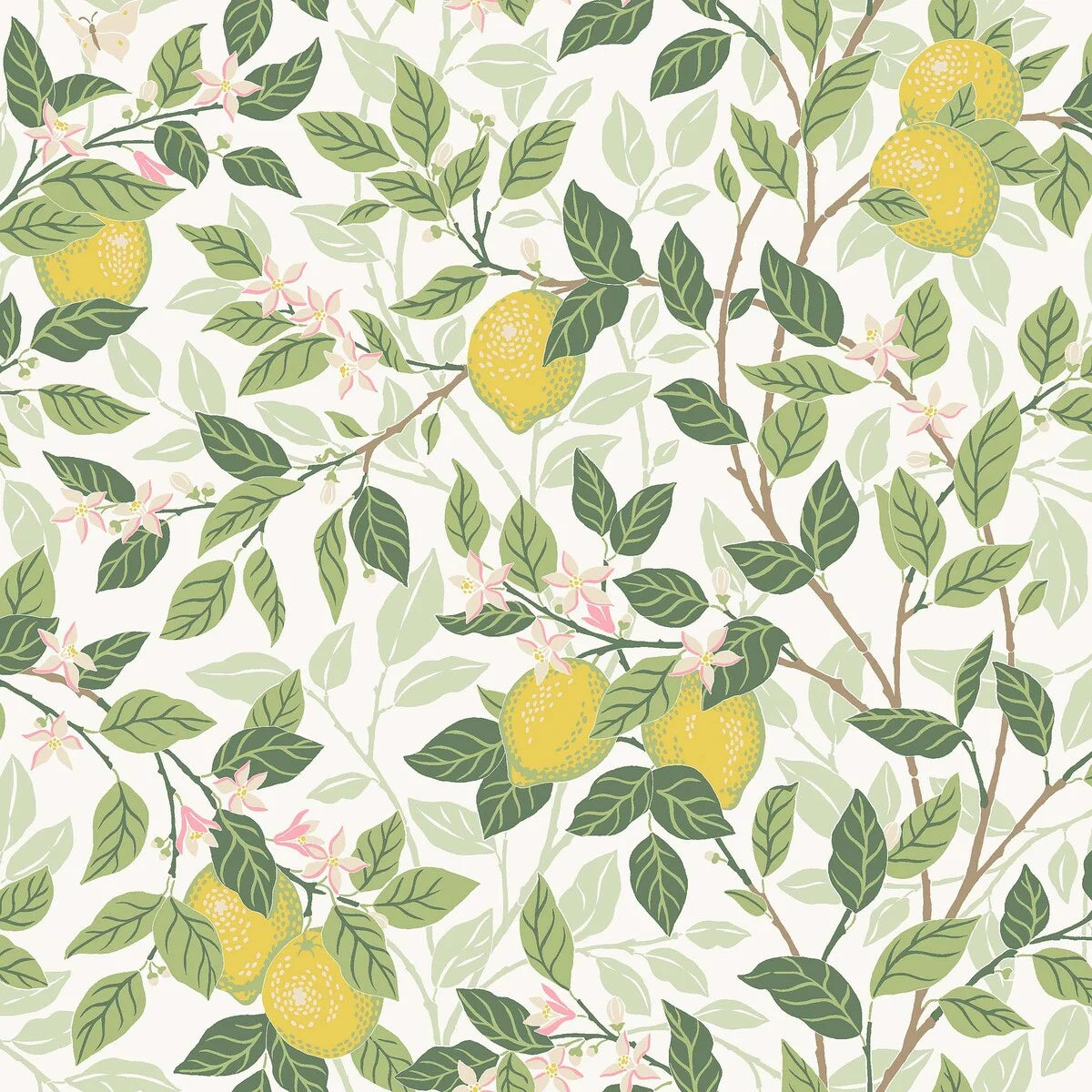 Experience the calm yet lively charm of our Citronträd wallpaper in a light palette of white, green, beige, pink and yellow tones. 