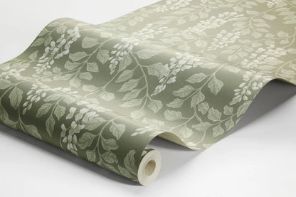 Enjoy natural and harmonious beauty with our Blåregn wallpaper in a dreamy warm green color scheme. 