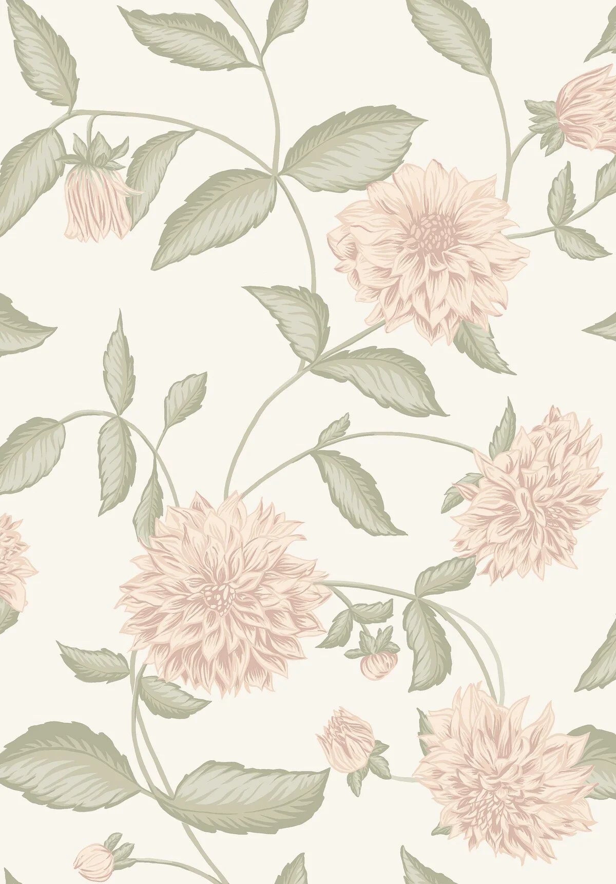Step into the magnificent blooms of our Dahliadröm wallpaper in a sublime palette of apricot pink, and warm green on a cream background. 