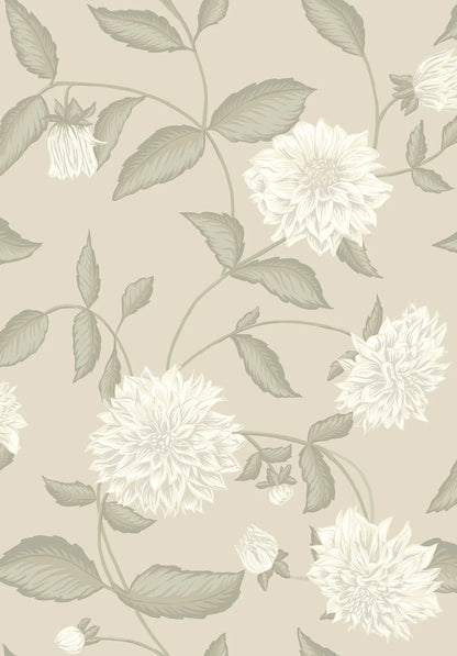 Embrace the timeless beauty of our Dahliadröm wallpaper in a lovely palette of ivory and green on a warm beige background. 