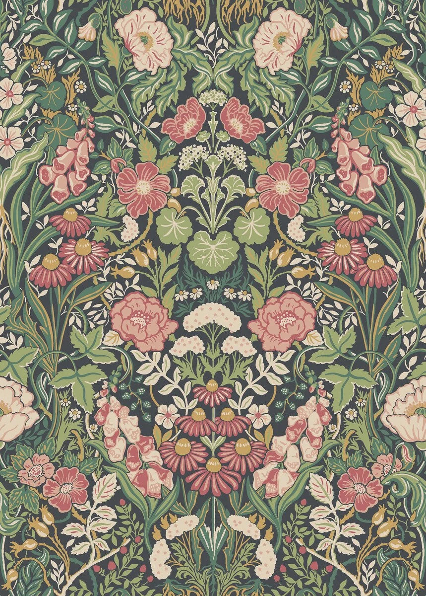 Experience the freshness and vibrancy of our Örtagård wallpaper in vivid and playful tones of muted light pink, green, and yellow on a striking black background. 