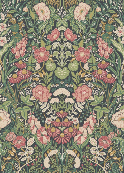 Experience the freshness and vibrancy of our Örtagård wallpaper in vivid and playful tones of muted light pink, green, and yellow on a striking black background. 