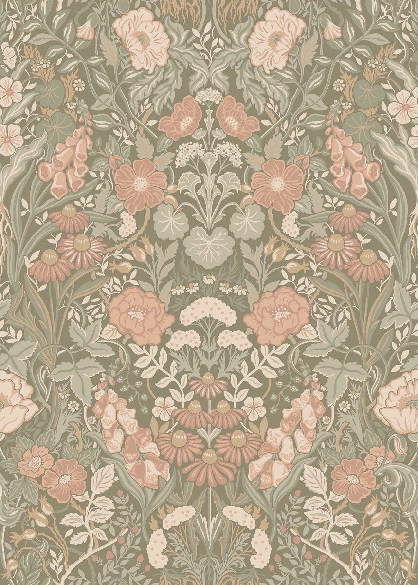 Step into the poetic and traditional beauty of our Örtagård wallpaper in powdery pink and green tones on a muted dark background.