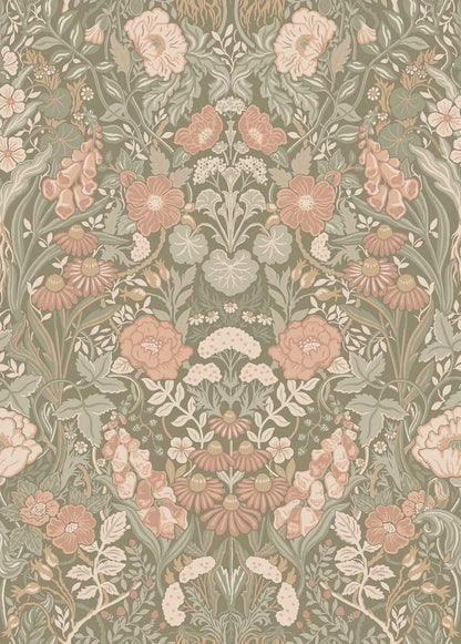 Step into the poetic and traditional beauty of our Örtagård wallpaper in powdery pink and green tones on a muted dark background.