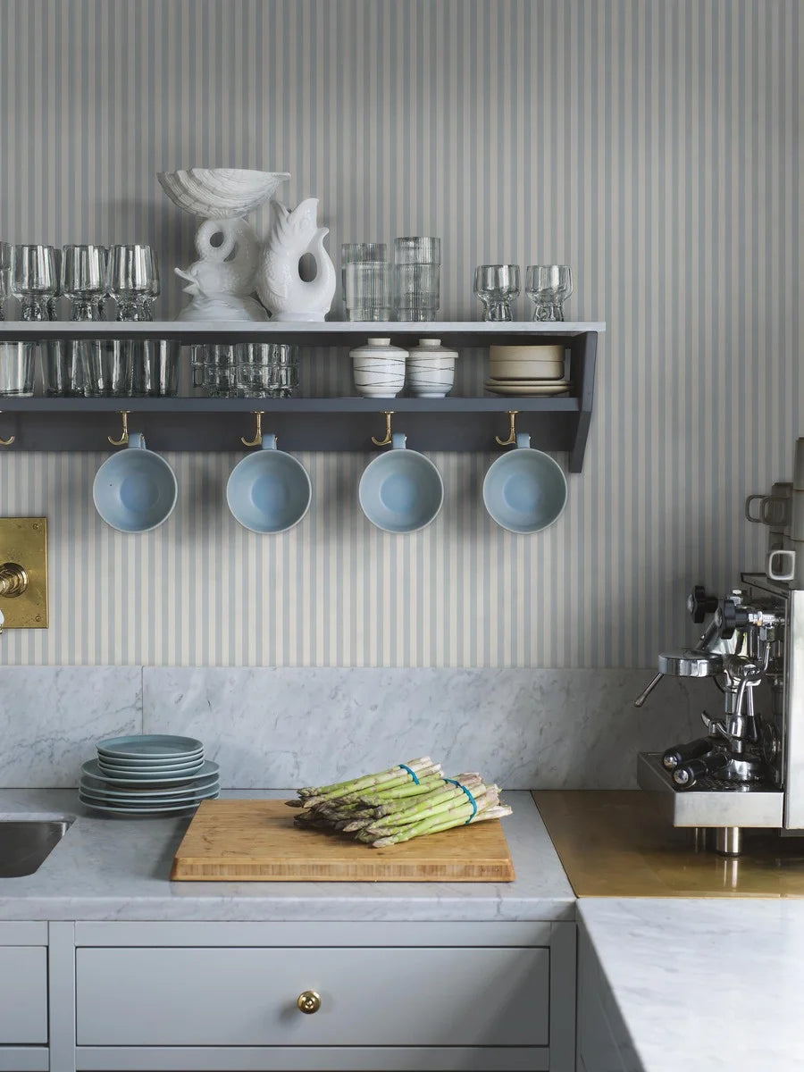 Mölle Stripe is a striped wallpaper inspired by the classic Swedish seaside town of Mölle in Skåne – known for its free-spirited bathing culture at the turn of the 20th century.