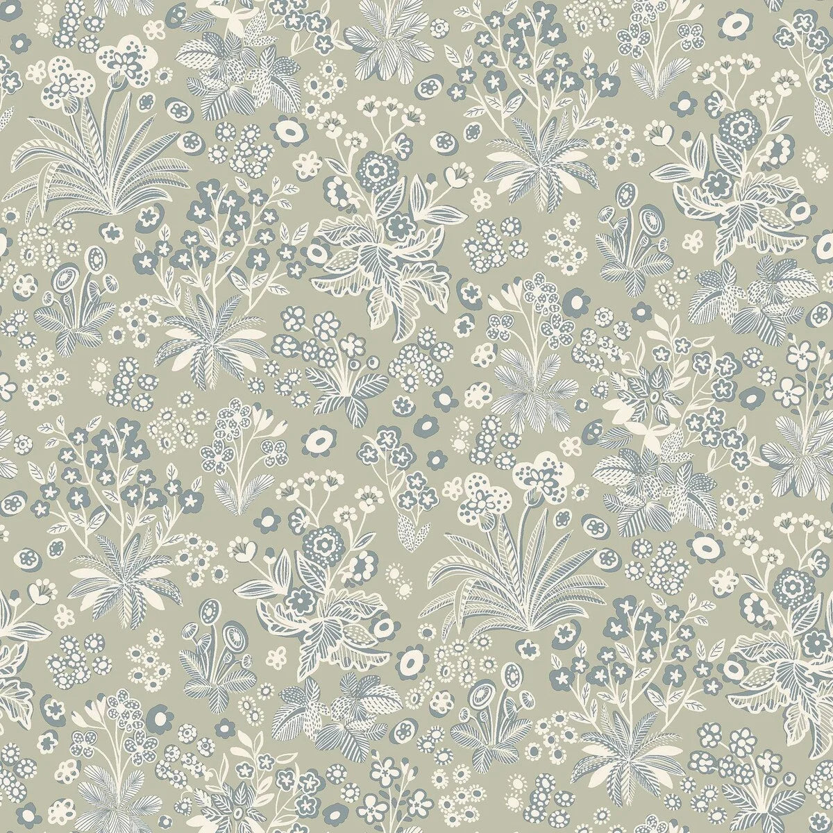 Colored in a soft light green background with delicate white and petrol blue details our Tuva wallpaper is whimsical and fun.