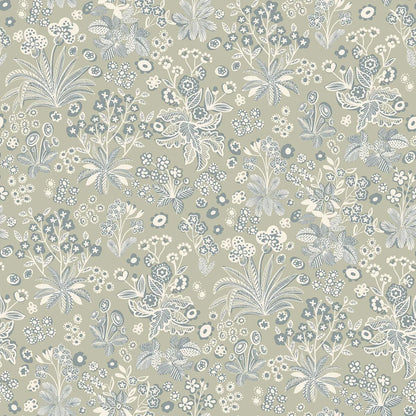 Colored in a soft light green background with delicate white and petrol blue details our Tuva wallpaper is whimsical and fun.