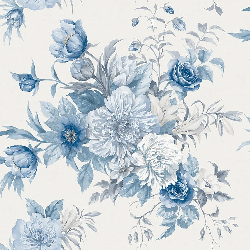 Cast on a pristine white base, this wallpaper features delicate porcelain blue flowers reminiscent of the hand-painted Chinese porcelain that has been a classic symbol of elegance and sophistication since the 17th century