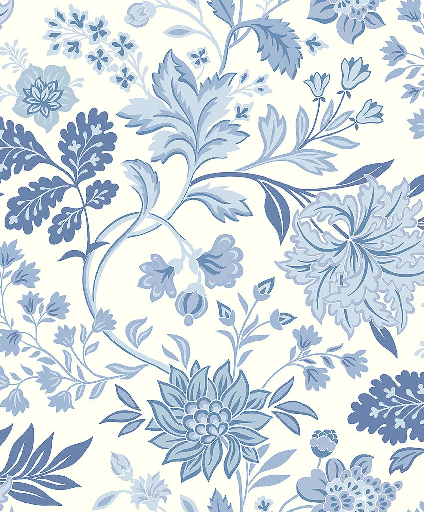 Our Alicia wallpaper features a creamy white base accented with an array of warm and cool blue shades.