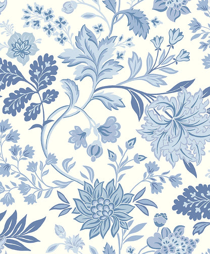 Our Alicia wallpaper features a creamy white base accented with an array of warm and cool blue shades.