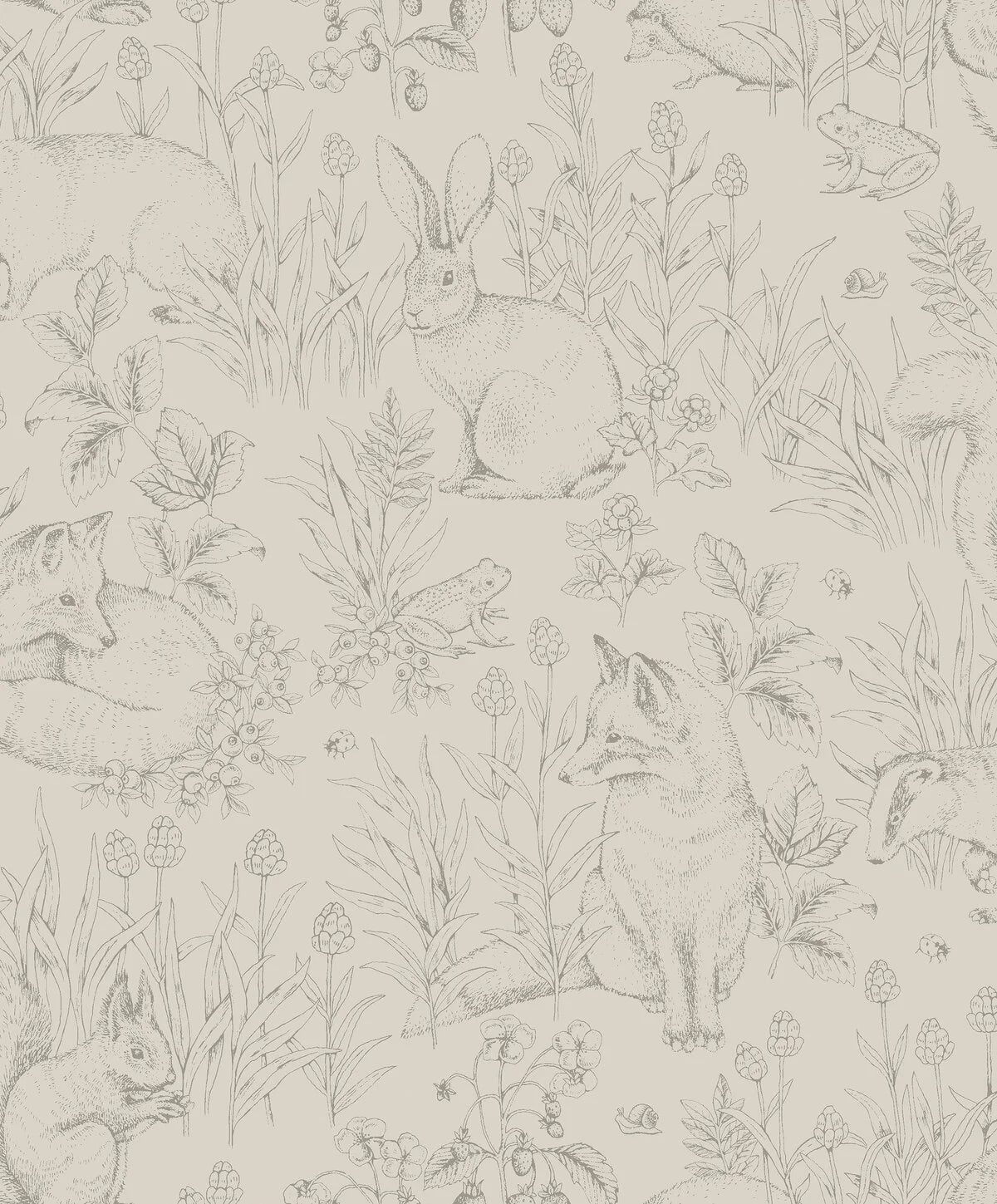 Set on a neutral and airy linen beige backdrop, our Forest Friends children’s wallpaper captures the spirit of the playful and inviting forest.