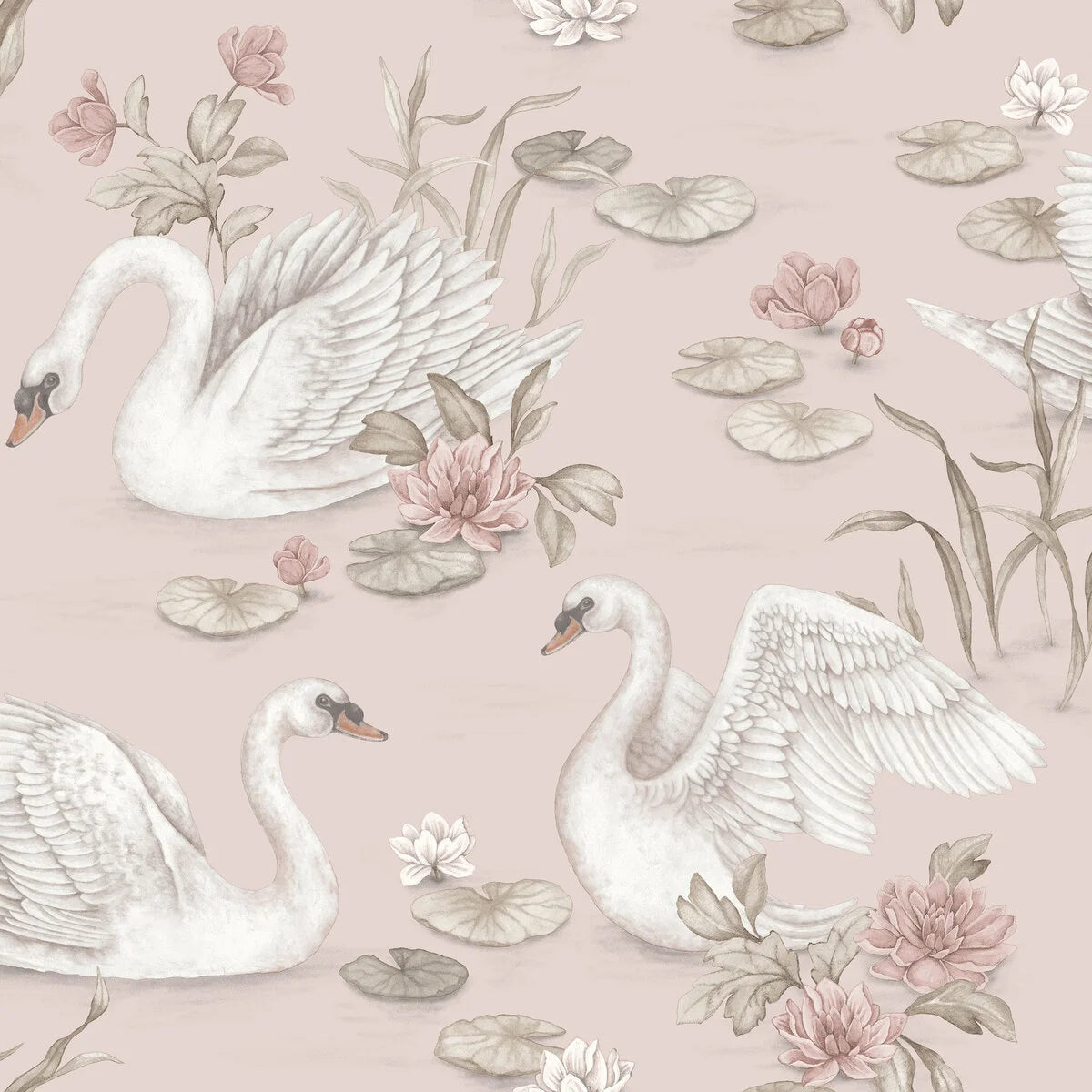 Colored in a delightful blend of light pink, fresh white and soft brown, our Lily Swan children’s wallpaper is charming and chic. 