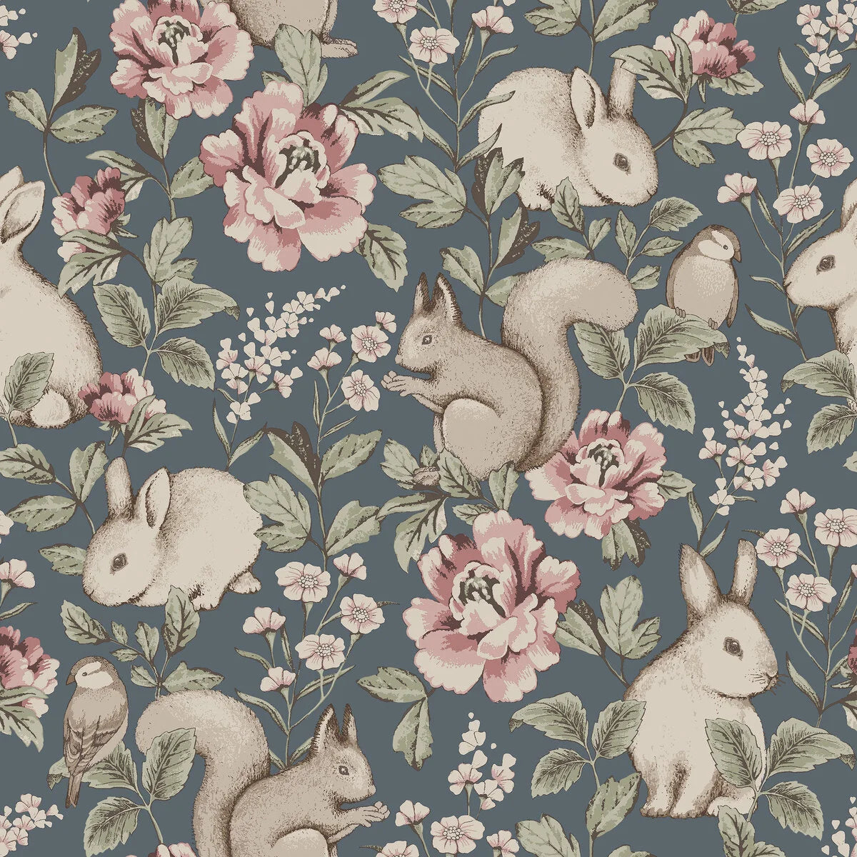 Colored in a delightful dark blue background with pink and green detailing, our Magic Forest children’s wallpaper is enchanting and exciting.