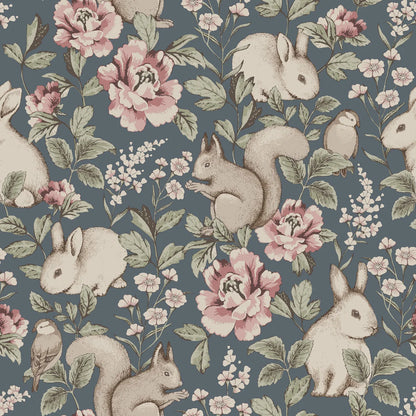 Colored in a delightful dark blue background with pink and green detailing, our Magic Forest children’s wallpaper is enchanting and exciting.