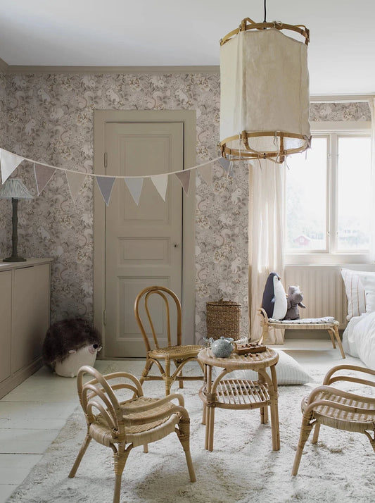 Our Magic Forest children’s wallpaper in soft natural tones of beige and linen, exudes a calm and soothing character.