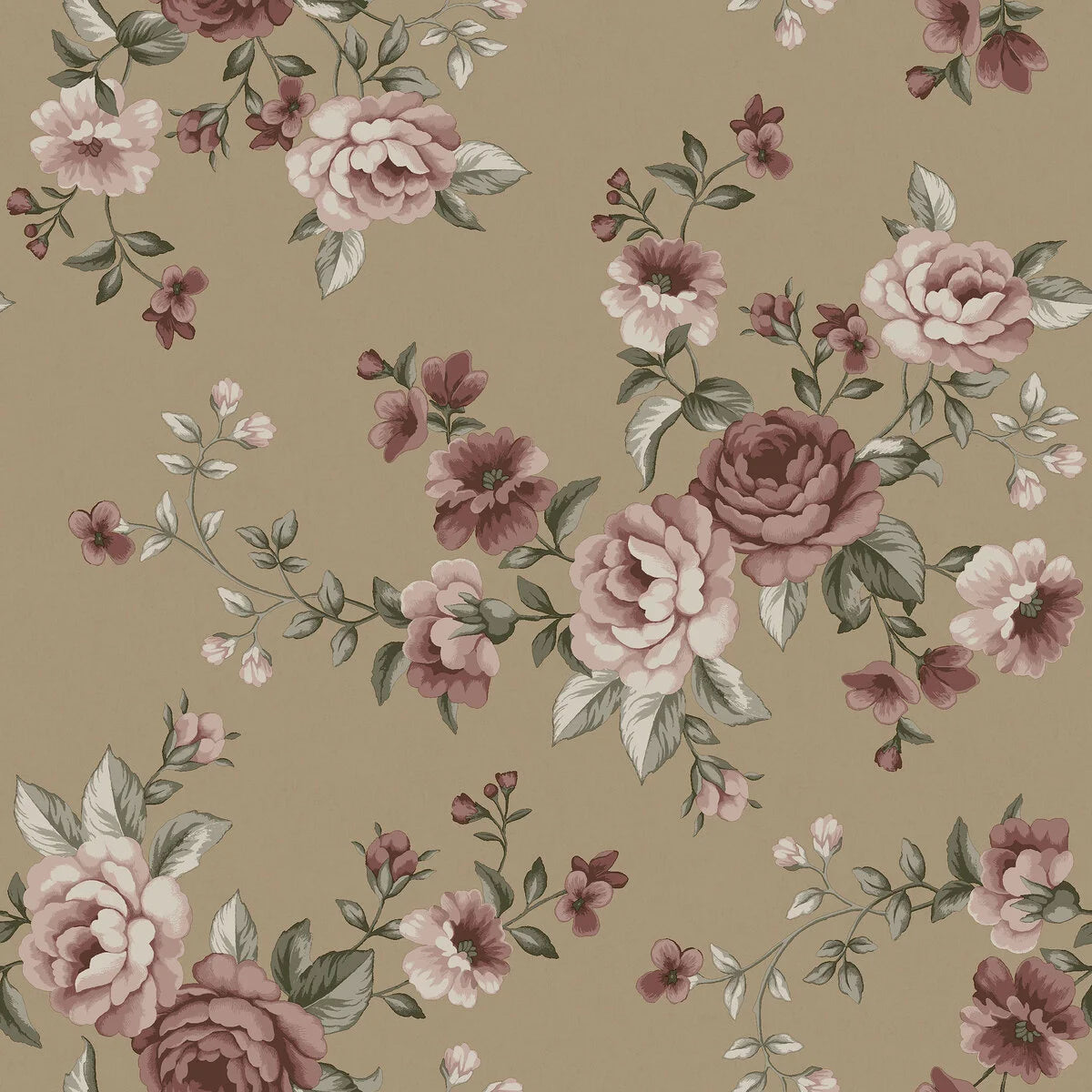 Colored in a muted burgundy red on a golden-brown background our Nomi wallpaper brings a touch of classic sophistication to your interior.