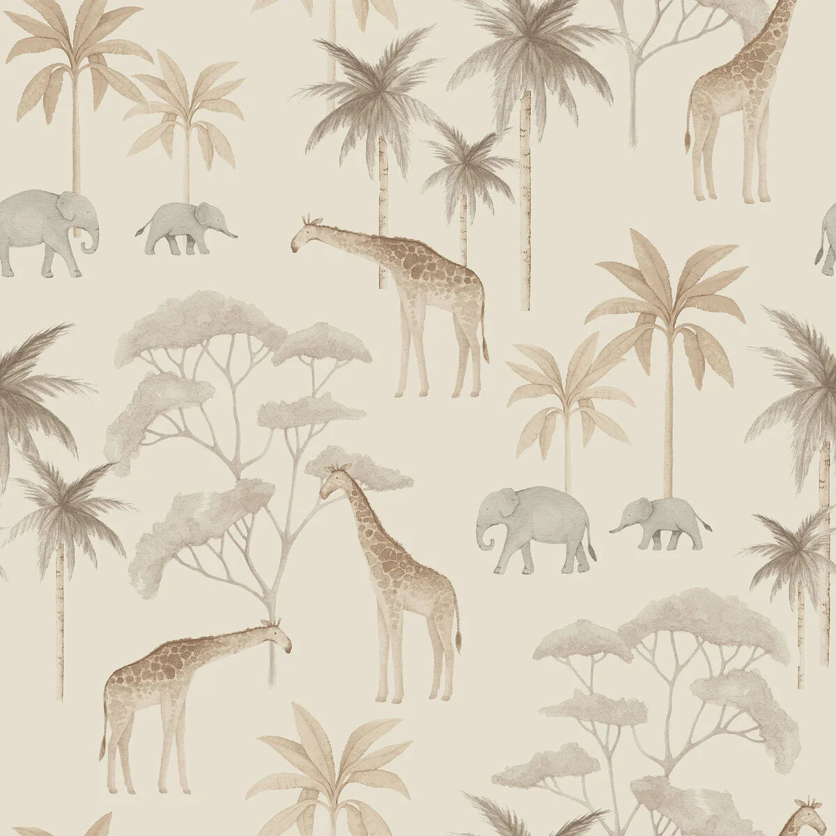 Our Savannah children’s wallpaper in natural tones of light linen, soft grey and golden beige on a sand-colored background