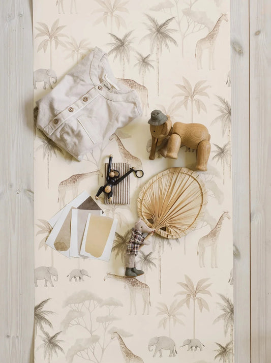 Our Savannah children’s wallpaper in natural tones of light linen, soft grey and golden beige on a sand-colored background