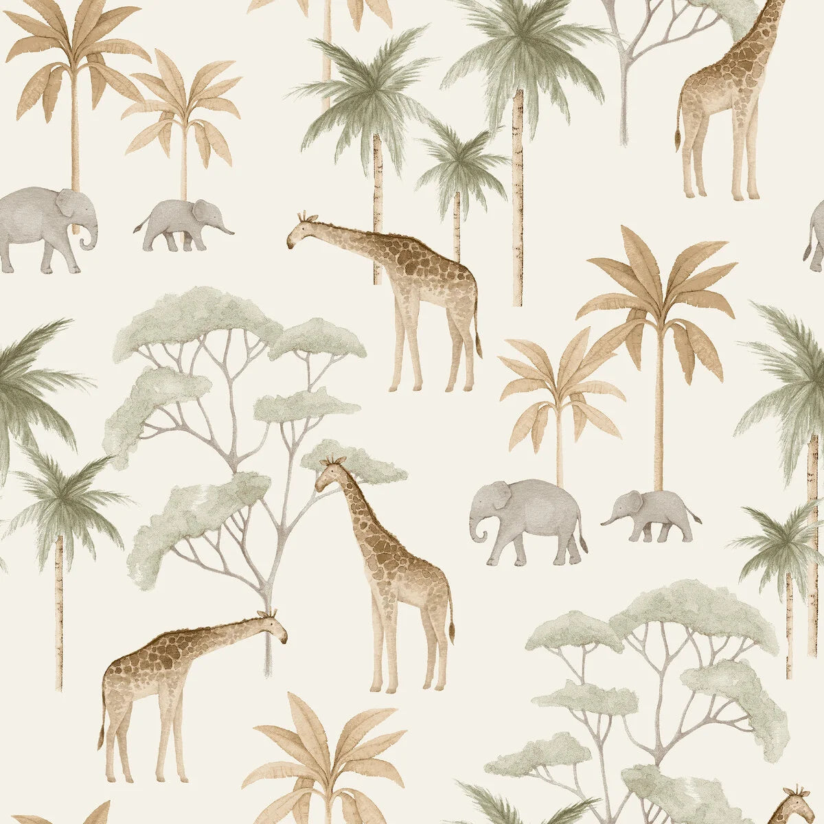 Our Savannah wallpaper in tones of lush green and golden beige on a warm white background is the ideal choice to create a captivating atmosphere in your child's room.