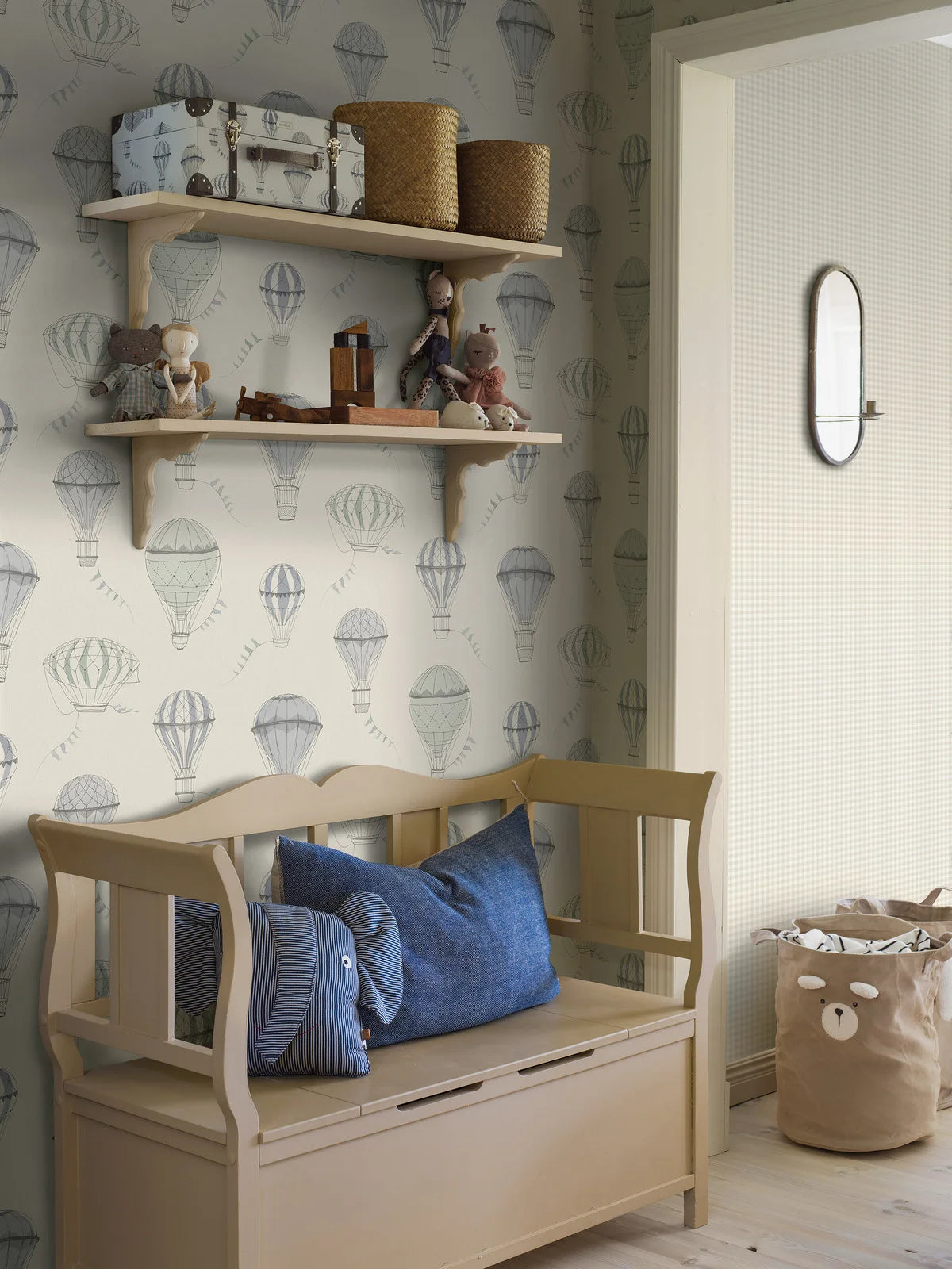 Join your little explorer on a journey high into the clouds with our "Up in the Sky" children’s wallpaper.