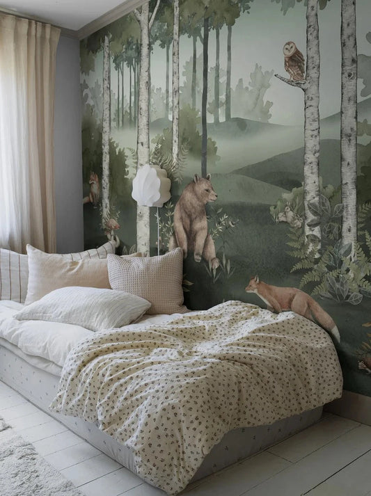 Embark on a journey of discovery in the verdant Nordic forest with our Wild Forest Mural children’s wallpaper in beautiful woodland green tones. 