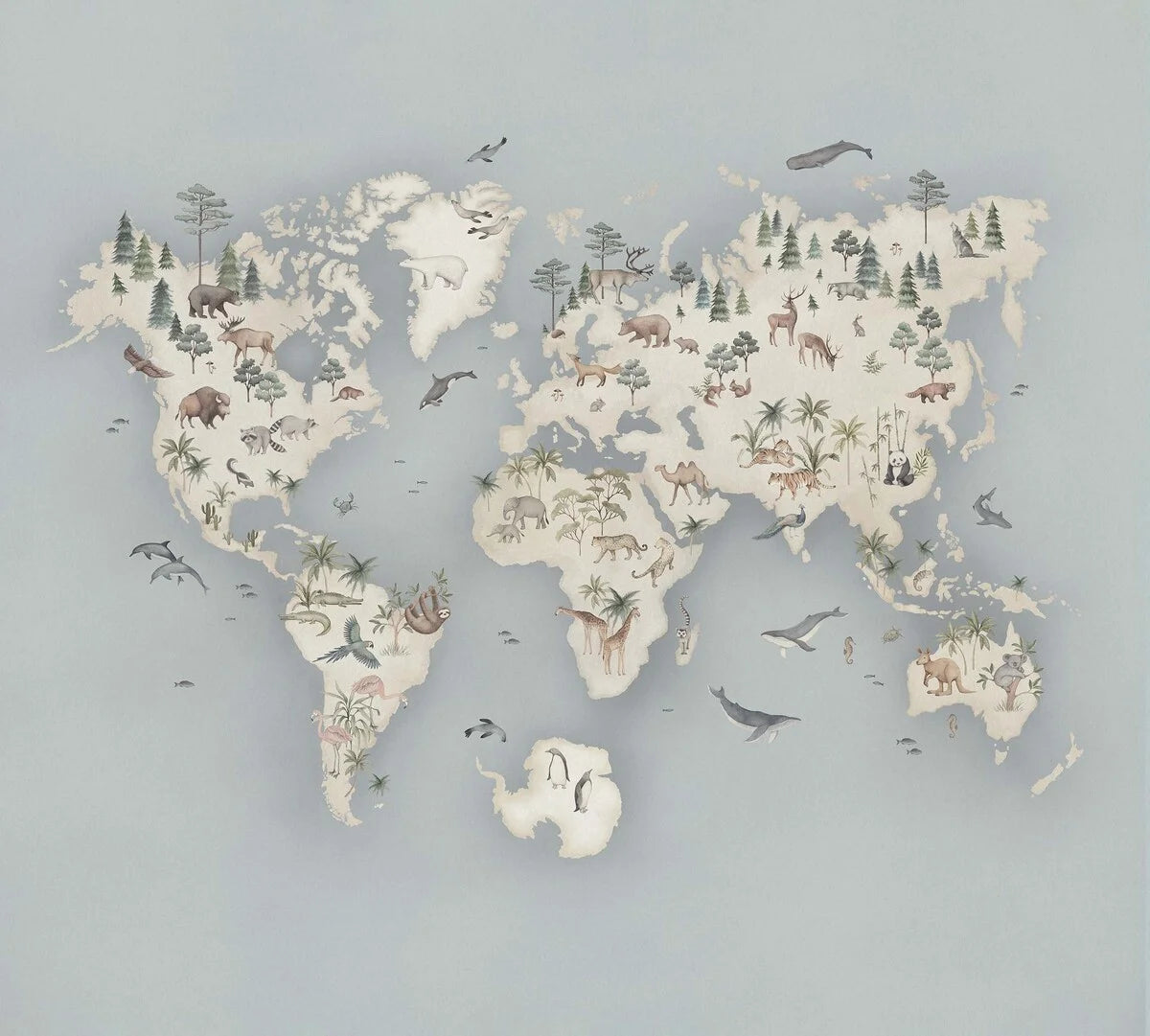 Our Little Explorer Mural children’s wallpaper in a palette of grey-blue and natural beige tones is a captivating adventure for your young explorer